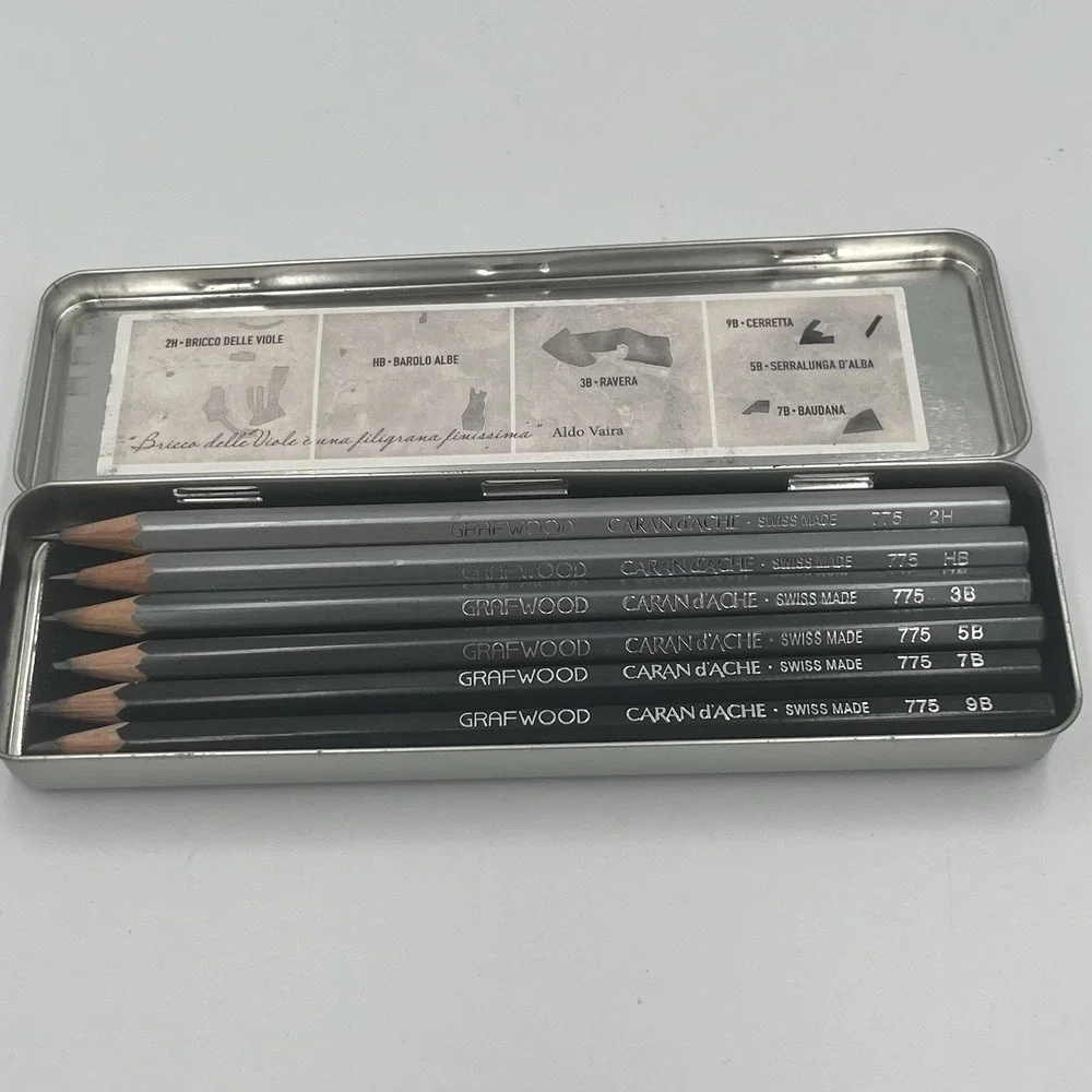 Caran D'ache Metal Box  New Grafwood Drawing Pencils Set of 6 -2H HB 3B 5B 7B 9B